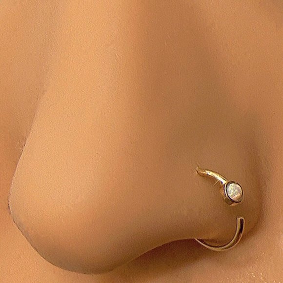14kt Gold Nose Hoop With Opal Ball Made Of 14kt Solid Gold Bendable - Picture 1 of 2